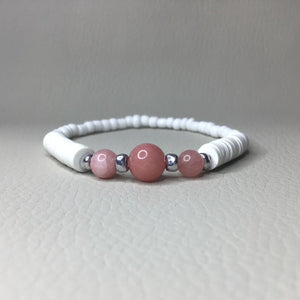 Bracelets | Natural Stone | Peachy Orange Stone Beads | White Clay Heishi Beaded Bracelet | Glass Seed Beads | Handmade | Beaded Bracelets