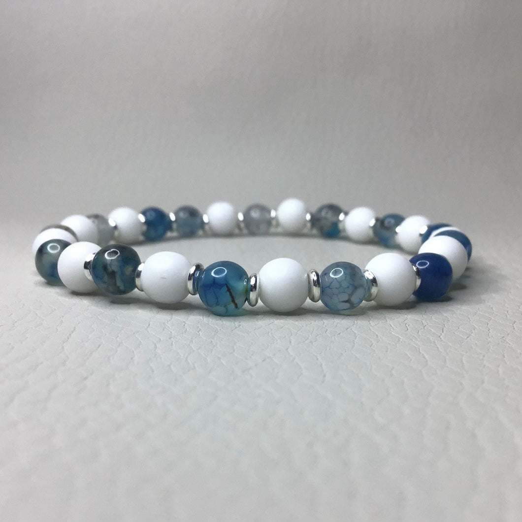 Bracelets | Natural Stone | Blue Dragons Vein Agate | White Howlite | Beaded Bracelets | Bright Silver | Handmade | Stretch Bracelets