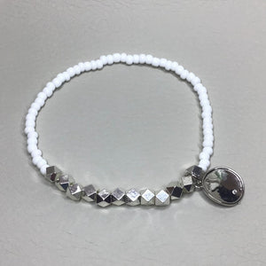 Bracelets | Metal | Bright Silver Faceted Brass Beads | White Glass Seed Beads | Charm | Rhinestone | Handmade | Beaded Bracelets