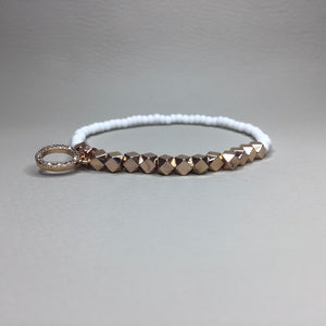 Bracelets | Metal | Rose Gold Faceted Brass Beads | White Glass Seed Beads | Charm | Rhinestone | Oval | Handmade | Beaded Bracelets