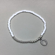 Load image into Gallery viewer, Bracelets | Metal | Bright Silver Brass Beads | White Glass Seed Beads | Charm | Rhinestone | Oval | Handmade | Beaded Bracelets