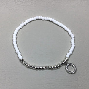 Bracelets | Metal | Bright Silver Brass Beads | White Glass Seed Beads | Charm | Rhinestone | Oval | Handmade | Beaded Bracelets