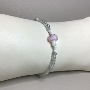 Bracelets | Charms | Pink Glass Mushroom | Iridescent Glass Beads | White Seed Beads | Handmade | Beaded Bracelets | Stretch Bracelet