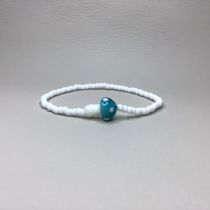 Bracelets | Charms | Teal Glass Mushroom | White Seed Beads | Handmade | Beaded Bracelets | Stretch Bracelet