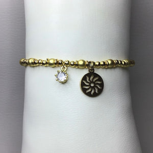 Bracelets | Metal | Gold | Round Brass Beads | Hematite Beads | Sunburst Charm | Handmade | Beaded Bracelets