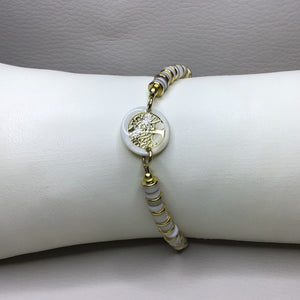 Bracelets | Natural Stone | Shell Heishi Beads | Satin Adjustable Cord | Shell Connector | Gold Tree of Life | Handmade | Beaded Bracelets
