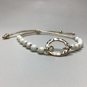 Bracelets | Natural Stone | White Gold Mashan Jade | Satin Adjustable Cord Strap | Hammered Circle | Handmade | Beaded Bracelets