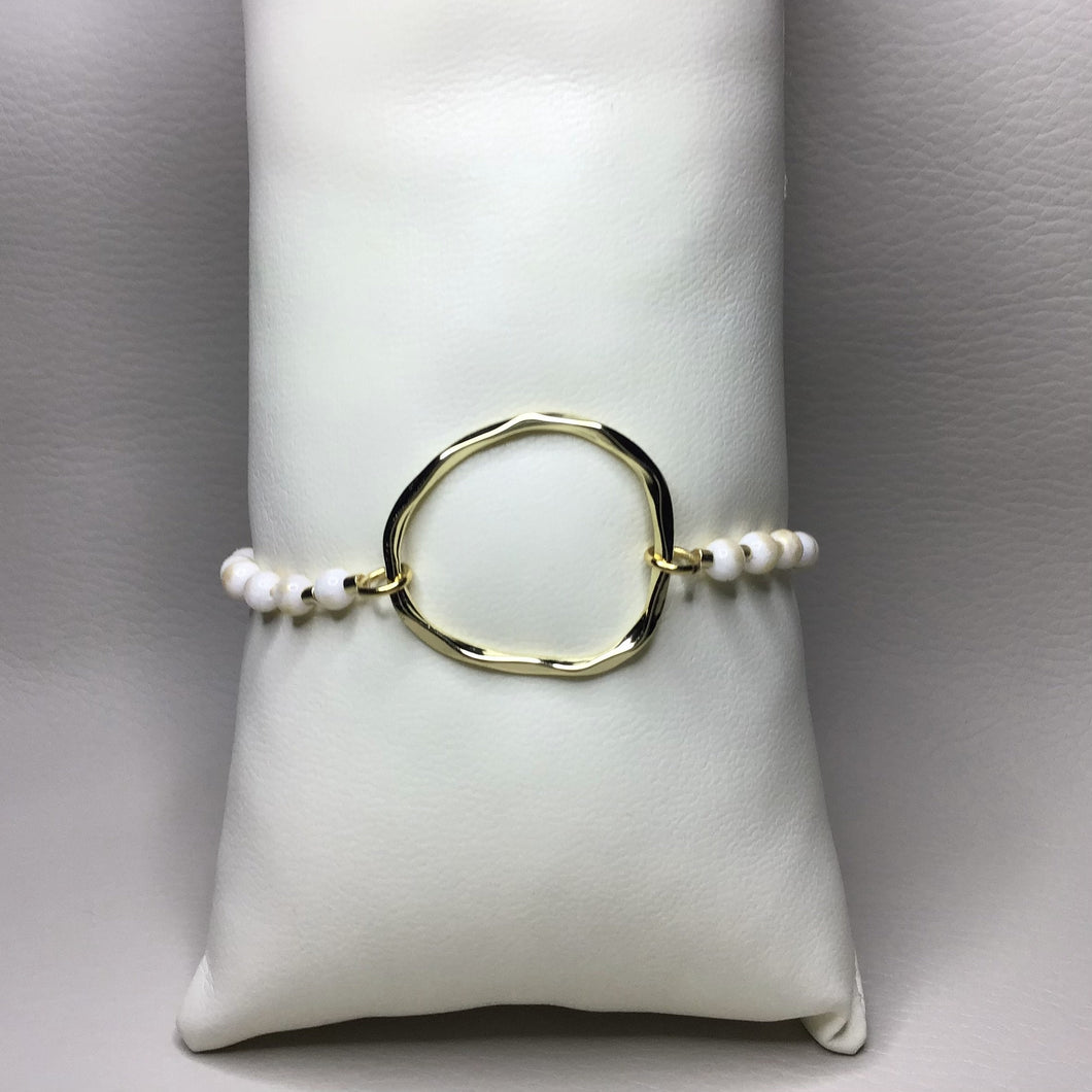 Bracelets | Natural Stone | White Gold Mashan Jade | Satin Adjustable Cord Strap | Large Irregular Circle | Handmade | Beaded Bracelets