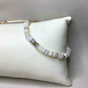 Bracelets | Natural Stone | Natural Shell Heishi Beads | Satin Adjustable Cord Strap | Gold Disc Spacer Beads | Handmade | Beaded Bracelets