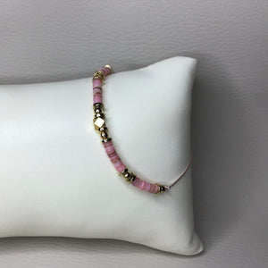 Bracelets | Natural Stone | Pink Natural Shell Heishi Beads | Satin Adjustable Cord Strap | Gold Spacer Beads | Handmade | Beaded Bracelets