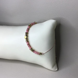 Bracelets | Natural Stone | Pink Natural Shell Heishi Beads | Satin Adjustable Cord Strap | Gold Spacer Beads | Handmade | Beaded Bracelets