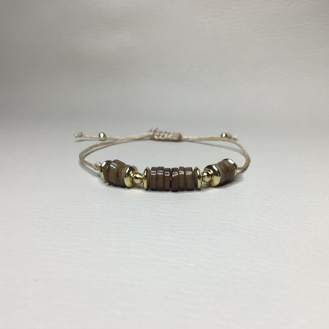 Bracelets | Natural Stone | Brown Natural Shell Heishi Beads | Satin Adjustable Cord Strap | Gold Spacer Beads | Handmade | Beaded Bracelets