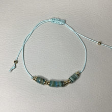 Load image into Gallery viewer, Bracelets | Natural Stone | Teal/Turquoise Shell Heishi Beads | Satin Adjustable Cord Strap | Gold Spacer Beads | Handmade | Beaded Bracelet
