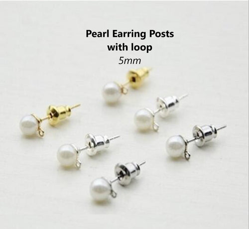 10pcs - 5mm, imitation pearl, stainless steel pin, earring ball post, loop, connector, component, jewelry, DIY