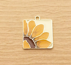 4pcs - 20x18mm, enamel, sunflower, yellow, orange, brown, square, charm, gold, pendant, hammered, jewelry making, finding
