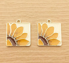 Load image into Gallery viewer, 4pcs - 20x18mm, enamel, sunflower, yellow, orange, brown, square, charm, gold, pendant, hammered, jewelry making, finding