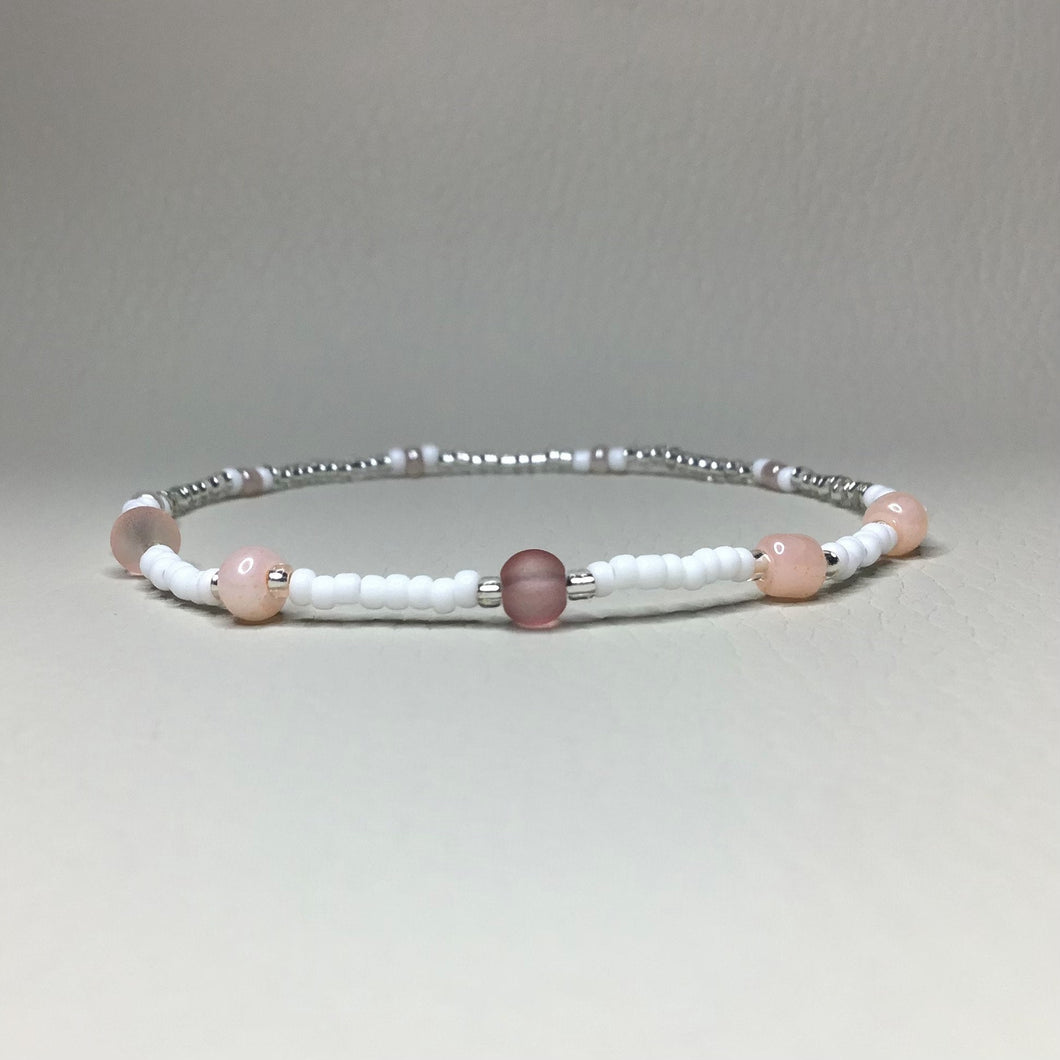 Bracelets | By Color | Blush, Tangerine, Silver and White Beaded Bracelet | glass seed bead | translucent | Handmade | Beaded Bracelets