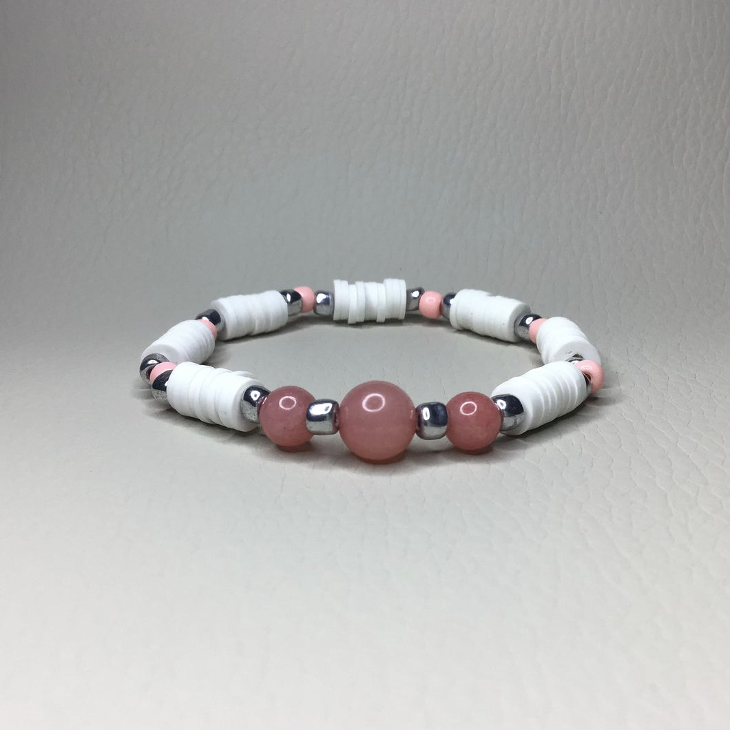 Bracelets | Natural Stone | Peachy Orange Stone | White Clay Heishi Beaded Bracelet | Handmade | Beaded Bracelets