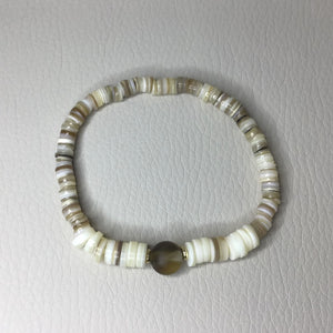Bracelets | Natural Stone | Striped Agate | Natural Shell | Heishi Beads | Beaded | Brown | Tan | Beige | Cream | Handmade | Beaded Bracelet