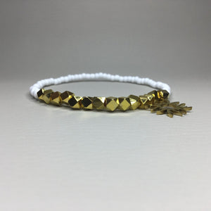 Bracelets | Metal | Gold Faceted Brass Beads | White Glass Seed Beads | Charm | Sunburst | Handmade | Beaded Bracelets