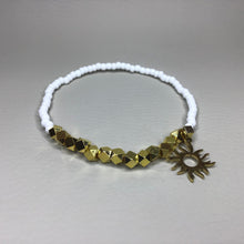 Load image into Gallery viewer, Bracelets | Metal | Gold Faceted Brass Beads | White Glass Seed Beads | Charm | Sunburst | Handmade | Beaded Bracelets