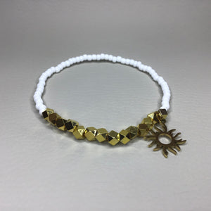 Bracelets | Metal | Gold Faceted Brass Beads | White Glass Seed Beads | Charm | Sunburst | Handmade | Beaded Bracelets