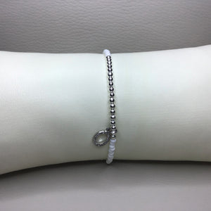 Bracelets | Metal | Bright Silver Brass Beads | White Glass Seed Beads | Charm | Rhinestone | Oval | Handmade | Beaded Bracelets