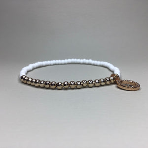 Bracelets | Metal | Rose Gold Brass Beads | White Glass Seed Beads | Charm | Rhinestone | Oval | Handmade | Beaded Bracelets