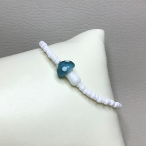 Bracelets | Charms | Teal Glass Mushroom | White Seed Beads | Handmade | Beaded Bracelets | Stretch Bracelet