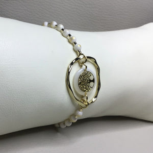 Bracelets | Natural Stone | White Gold Mashan Jade | Satin Adjustable Cord | Shell Connector | Gold Tree of Life | Handmade | BeadedBracelet