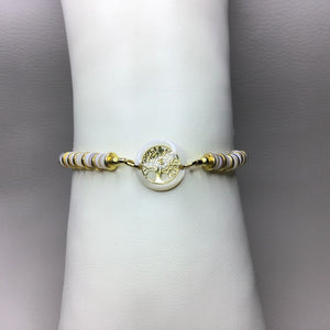 Bracelets | Natural Stone | Shell Heishi Beads | Satin Adjustable Cord | Shell Connector | Gold Tree of Life | Handmade | Beaded Bracelets