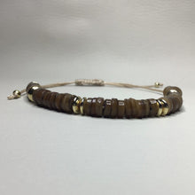 Load image into Gallery viewer, Bracelets | Natural Stone | Brown Shell Heishi Beads | Satin Adjustable Cord Strap | Gold Disc Spacer Beads | Handmade | Beaded Bracelets
