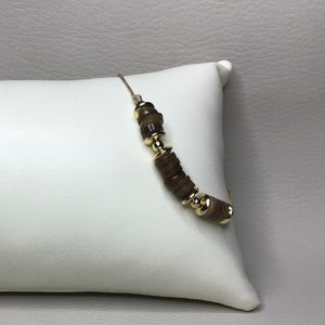 Bracelets | Natural Stone | Brown Natural Shell Heishi Beads | Satin Adjustable Cord Strap | Gold Spacer Beads | Handmade | Beaded Bracelets