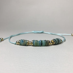 Bracelets | Natural Stone | Teal/Turquoise Shell Heishi Beads | Satin Adjustable Cord Strap | Gold Spacer Beads | Handmade | Beaded Bracelet