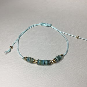Bracelets | Natural Stone | Teal/Turquoise Shell Heishi Beads | Satin Adjustable Cord Strap | Gold Spacer Beads | Handmade | Beaded Bracelet
